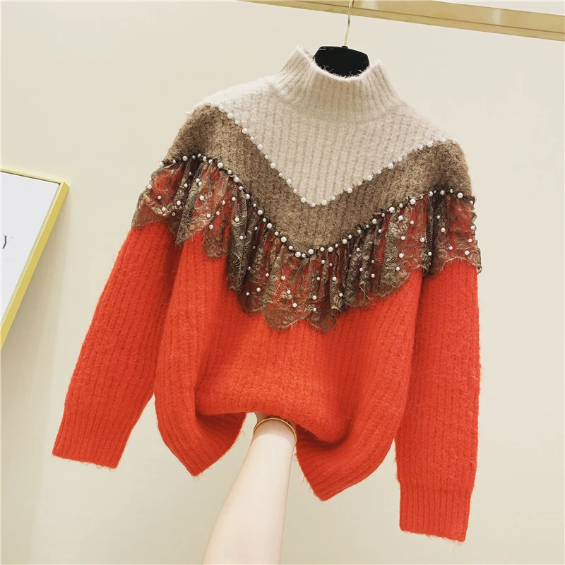 Mixed Color Autumn Winter Women Sweaters And Pullovers Bead Long Sleeve Knitted Sweater Pullover Female Mesh Patch Loose Jumpers | Женская