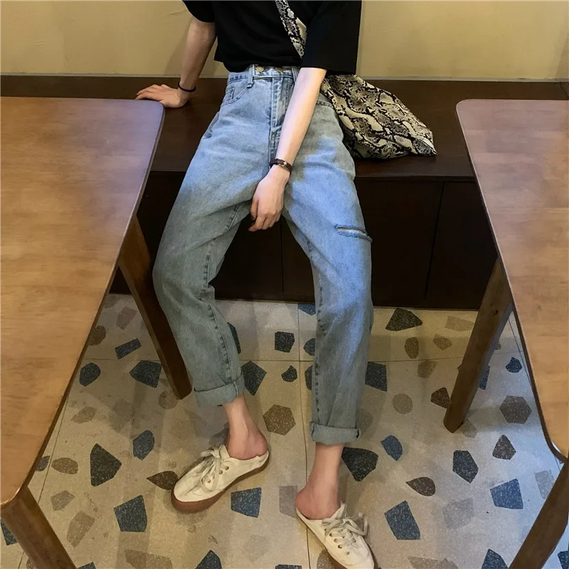 

Korean Style Sense of Design Ripped High Waist Loose Jeans for Women 2021 Spring NEW Two Buttons Wide Leg Straight Pants
