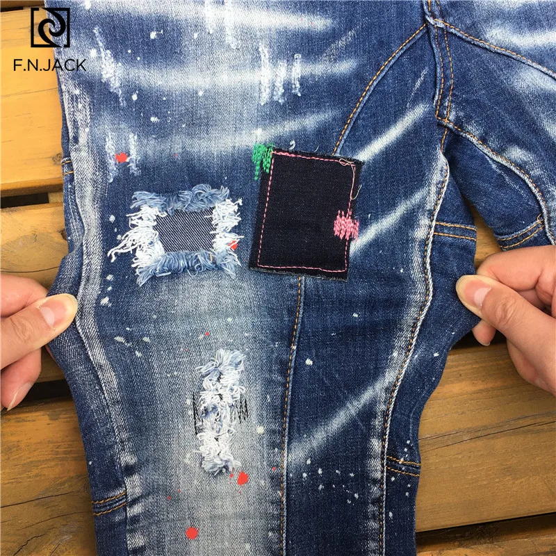 Мужские облегающие джинсы F.N.JACK стильные рваные байкерские прямые Стрейчевые на