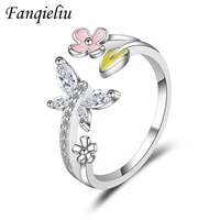 fanqieliu butterfly flower open crystal jewelry wedding bands vintage solid 925 sterling silver ring for women fql20107