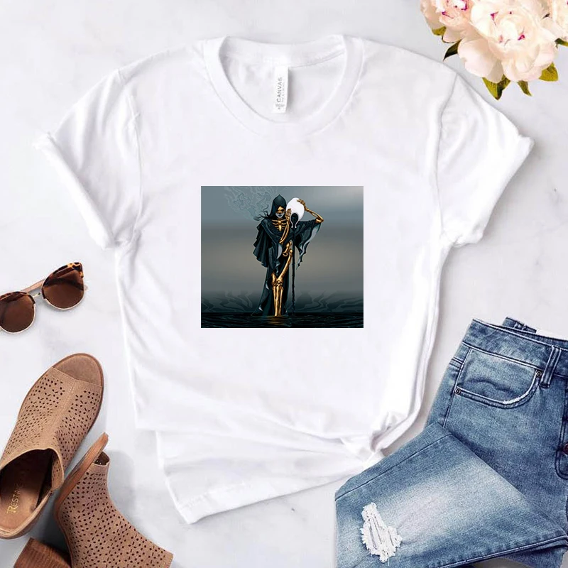 

Grim Reaper Skull T-shirts Women Short Sleeve T-shirt Female Women-clothing Women's Summer White With Sleeves Tees Tops Woman