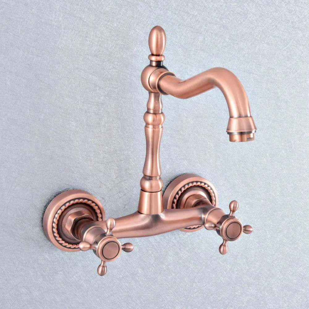 

Antique Red Copper Wall Mounted Bathroom Kitchen Faucet Dual Handle Brass Hot and Cold Water Tap Swivel Spout Mixer TapLsf857