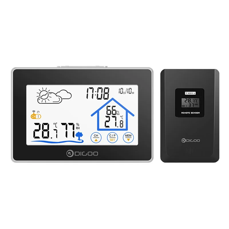 Digoo DG-TH8380 Беспроводной Термометр Гигрометр Сенсорный Экран Метеостанции Термометр Открытый Прогноз Часы Датчика - Цвет: Черный