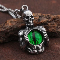 gothic bluegreen demon eye pendant men punk stainless steel biker skull necklace fashion goth accessories mens gift wholesale