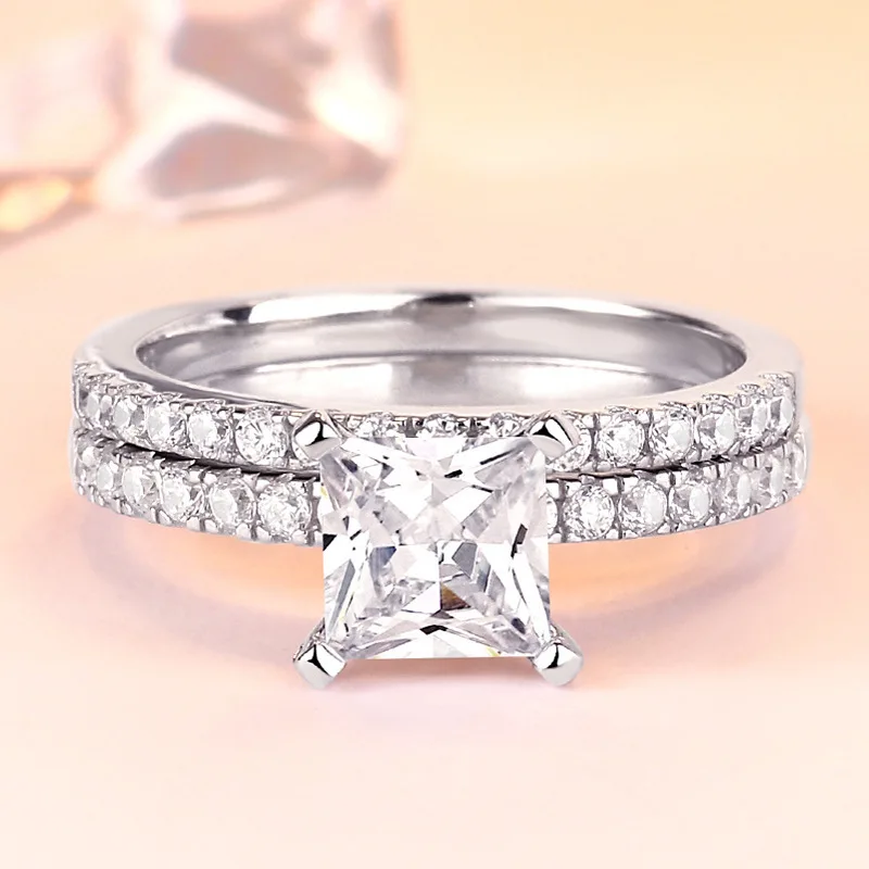 2 Pcs Wedding Ring Set Classic Jewelry Princess Cut AAA CZ 925 Sterling Silver Engagement Rings For Women | Украшения и