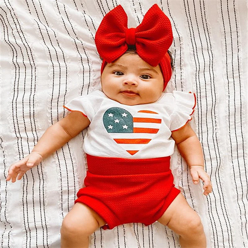 

3pcs 0-2Years Toddler Girls Clothes Independence Day Fly Sleeve Cotton Romper and Casual Summer Shorts with Headband Outfits