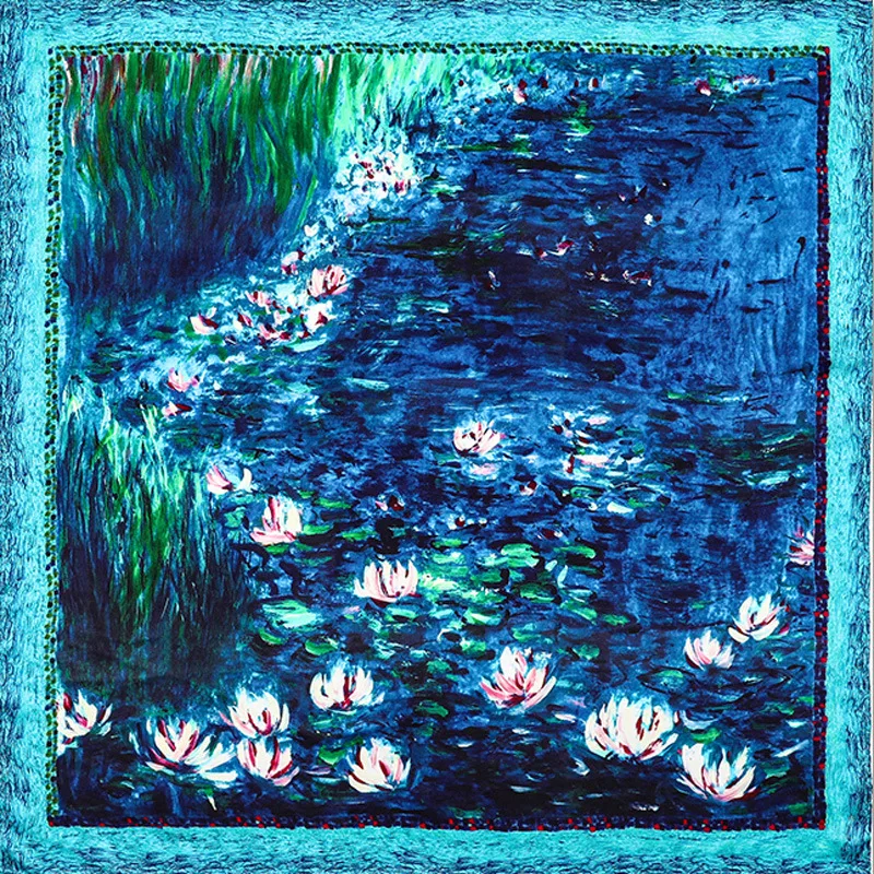 

Квадратный шелковый шарф 90 см ручная работа пятнистые шелковые шали Monet Водяные лилии печатные сумки ленты повязки для волос