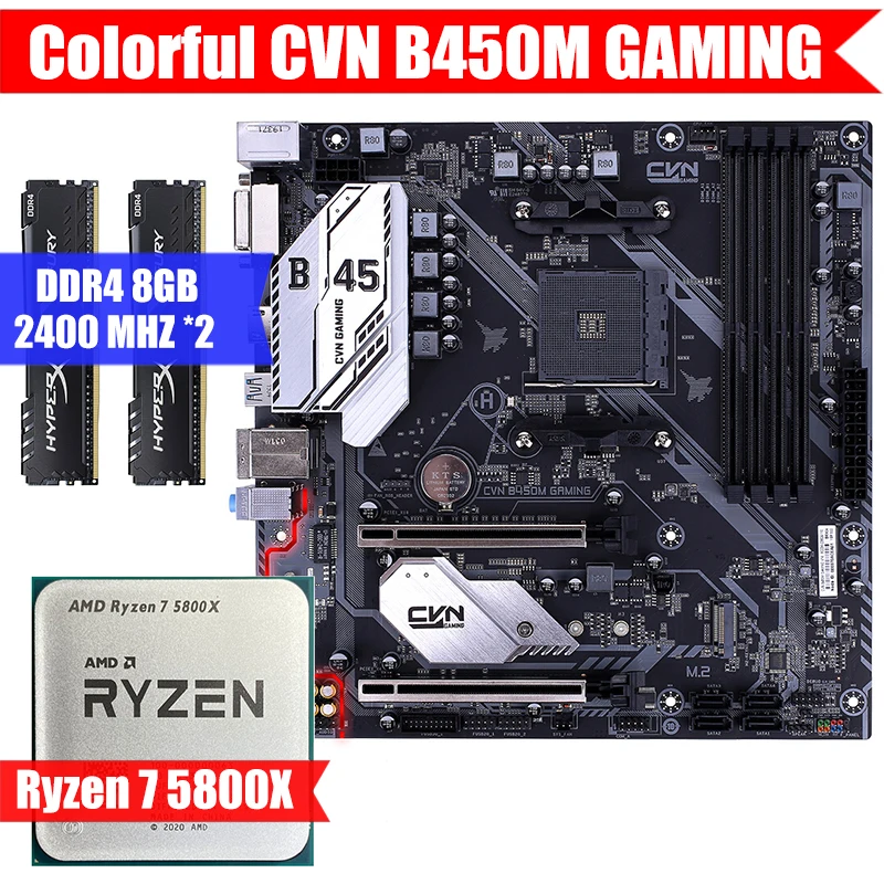 

Colorful CVN B450M GAMING & AMD CPU Ryzen 7 5800X & Kingston DDR4 8GB*2 Combination Kit M.2 USB3.0 Socket AM4 M-ATX/5900x/3700X