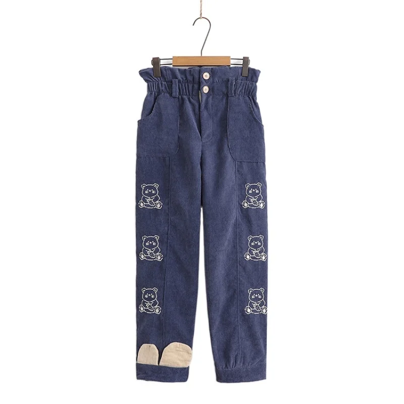 

Cartoon Bear Embroidery Corduroy Women Pants 2021Autumn Elastic Waist Pocket Straight Pants Mori Girl New Trousers