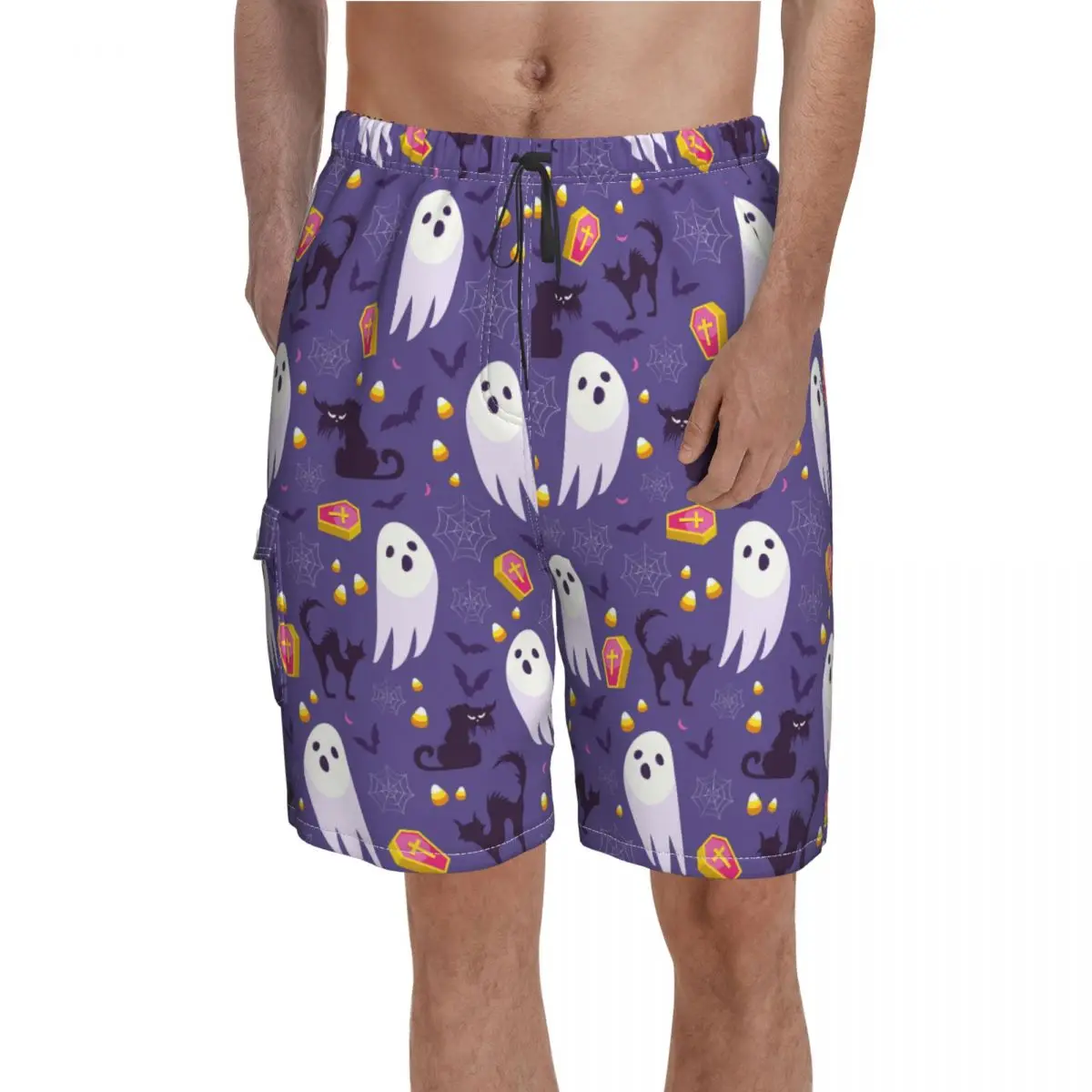 

Halloween Spooky Cat Coffin Board Shorts Funny Swimming Trunks Polyester Men Beach Funny Swim Trunks