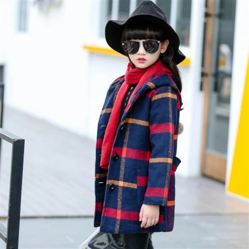 Зимние шерстяные Длинные куртки для девочек; детская верхняя одежда; Одежда для девочек; детская одежда в клетку; повседневное шерстяное пальто в клетку; От 5 до 14 лет