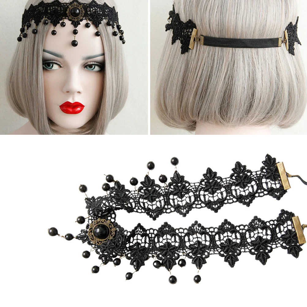 

Эластичная Кружевная повязка на лоб, черная Жемчужная Повязка на голову, головной убор, аксессуар для маскарада, костюма, вечеринки, Косплея