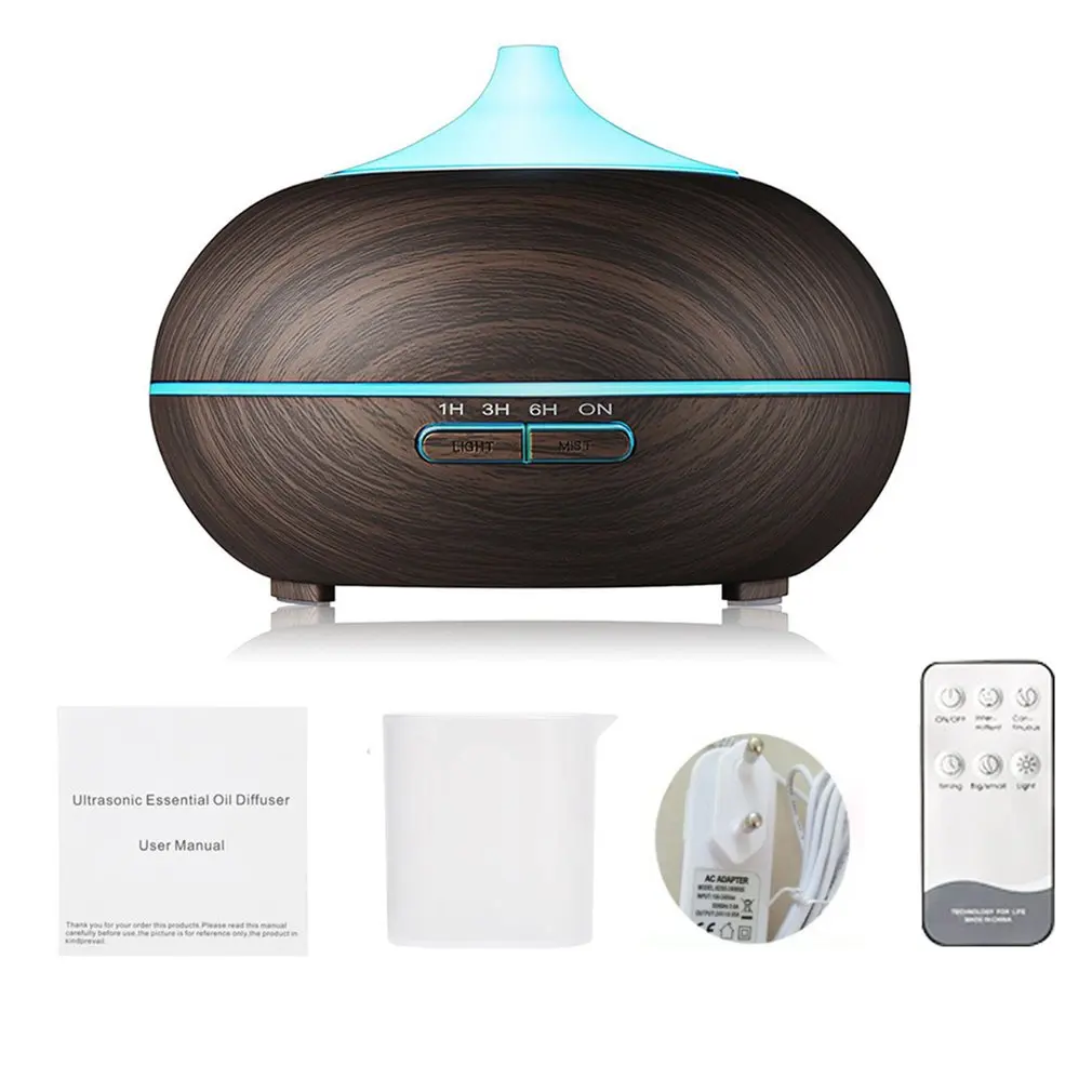

550ml Remote Control Ultrasonic Air Humidifier Aroma Essential Oil Diffuser with Wood Grain 7 Color Changing LED Lights