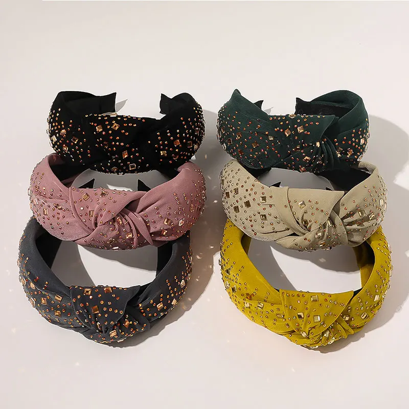 Широкая повязка на голову с кристаллами Стразы холщовая перекрестным узлом