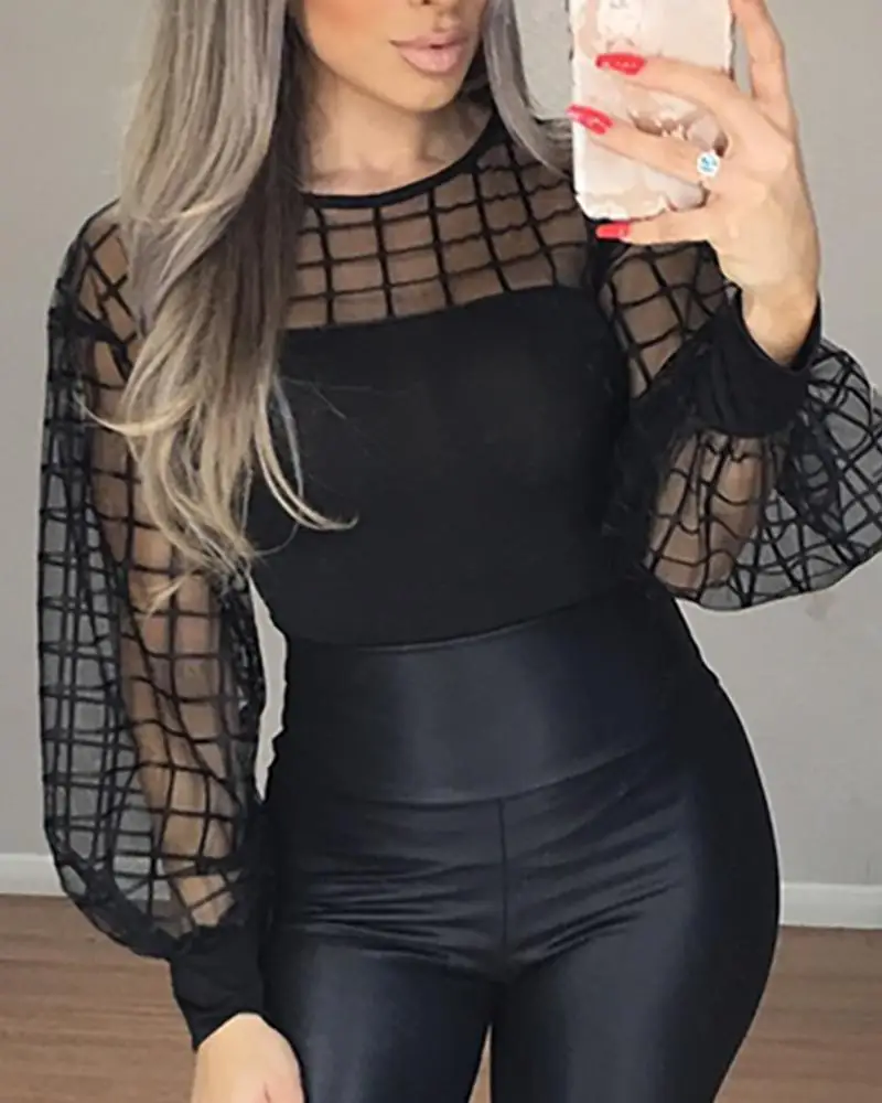 

2021 Women Fashion Clothing Loose T-shirt Summer Hot Selling Lantern Sleeve Mesh Splicing Solid Color Top Gothic Punk Clothes