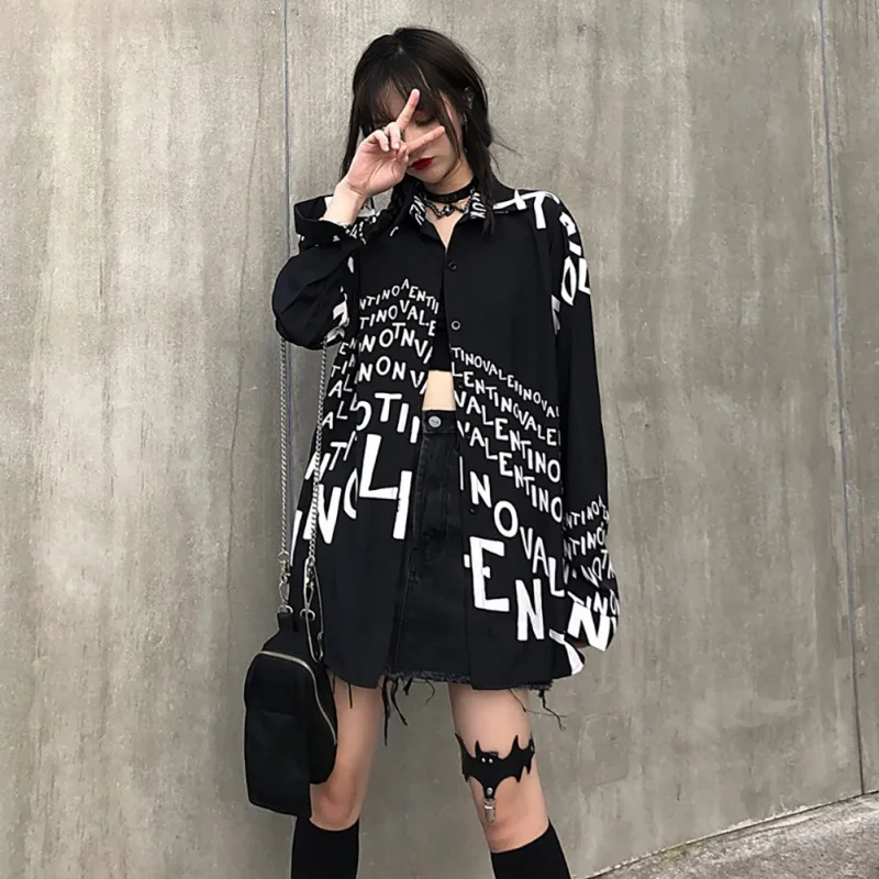 

Autumn Turn-down Collar Blouses Women Letters Printed Buttons Blouse Long Sleeve Shirts Tops