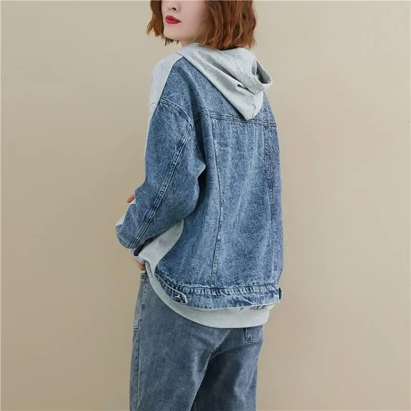 

2021 Spring Autumn New Plus Size Loose Denim Stitching Tops Korean All-match Long-sleeved Hooded Women Pullover Sweatshirt