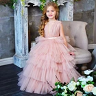 Платья для девочек из натурального розового тюля с цветочным рисунком, платье на день рождения, для первого причастия, для принцессы, для малывечерние, на заказ