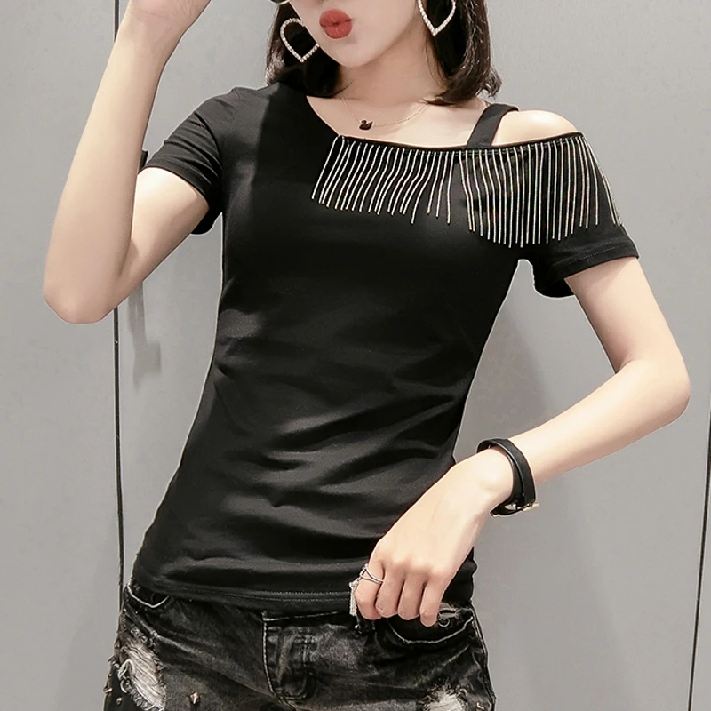 Новая летняя футболка с открытыми плечами Сексуальная вырезом лодочкой и