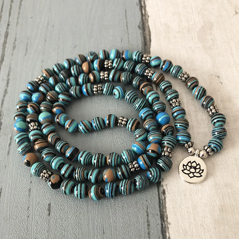 

men's Yoga bracelet, Solar system, stripe, Stone, 108 beads, malachite Mala, OM