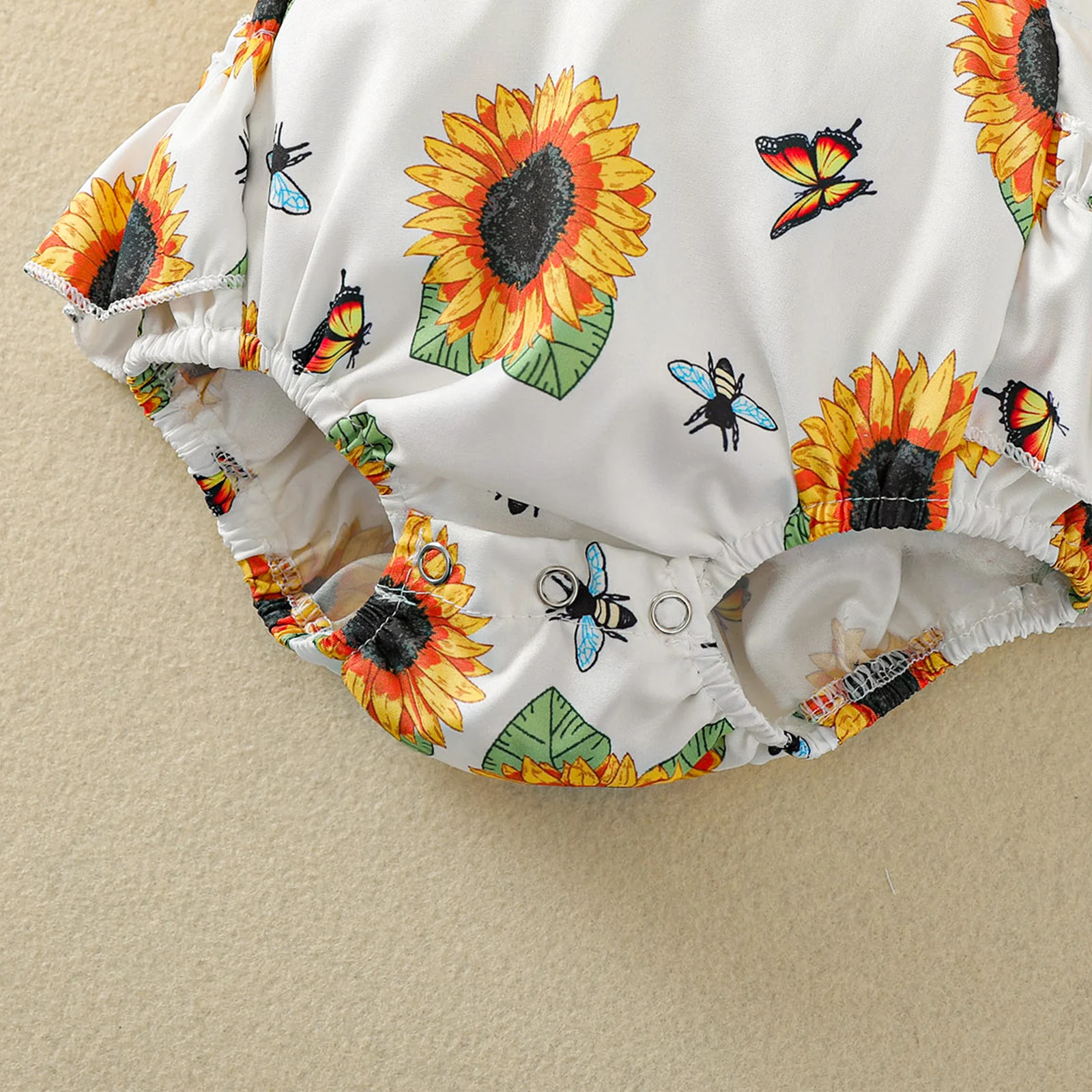 

2 PC Kids Suit Set Girls Sunflower Print Square Neck Fly Sleeve Baby Romper+ Headband for Summer