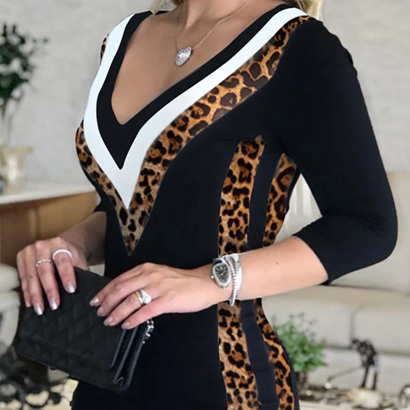

Bodycon Dress Women V-Neck Contrast Color Patchwork Women's Dress 2021 Sequins Leopard Print Mini Dress Sexy Dress for Wonen