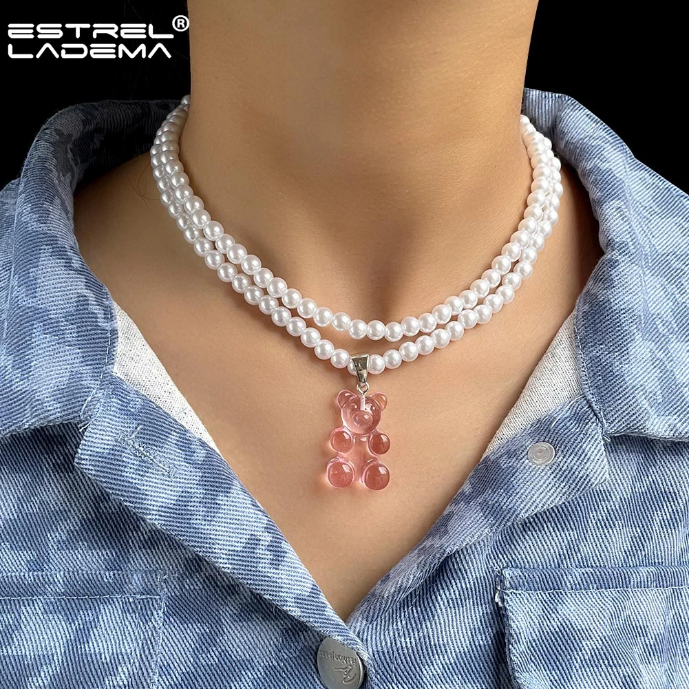 

Pink Gummy Bear Pearl Beaded Double Clavicle Chain Necklace For Women Girls Candy Color Bears Pendant Necklaces Y2k Jewelry Gift