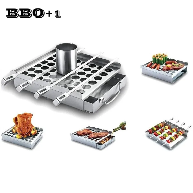 BBQ Aid 5 in 1 Set Ultimate Grilling Accessory For Barbecue Beer Can Chicken Roaster Smoker Box Jalapeno Popper Rack BBQ Skewers