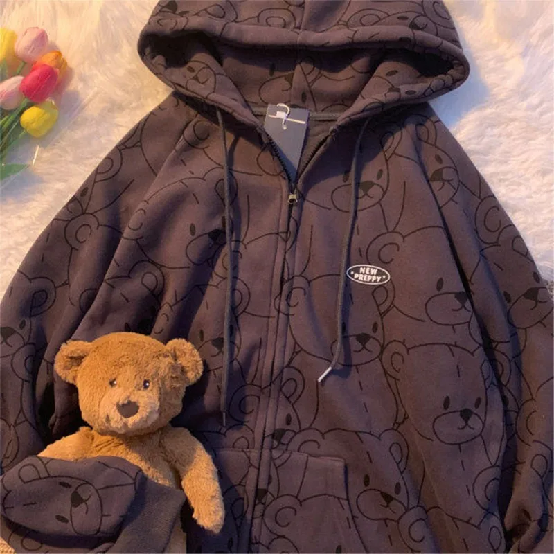 Autumn Winter Long Sleeve Hoodie Sweetshirt Clothes Women 2021 Fashion Zip Up Cute Bear Hoodies Vintage Coat Loose Harajuku Top