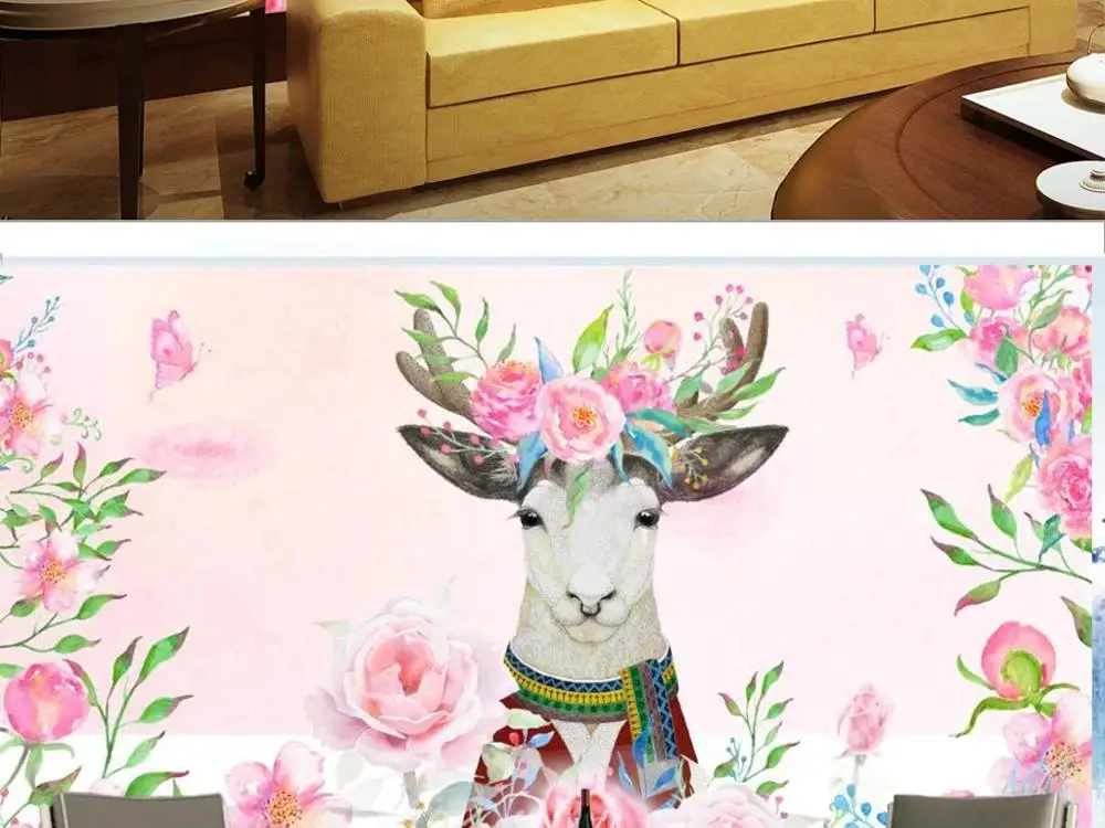 

New Custom 3D Large Mural Wallpaper Modern hand drawn Nordic flowers elk cartoon children's room TV Background living Bedroom