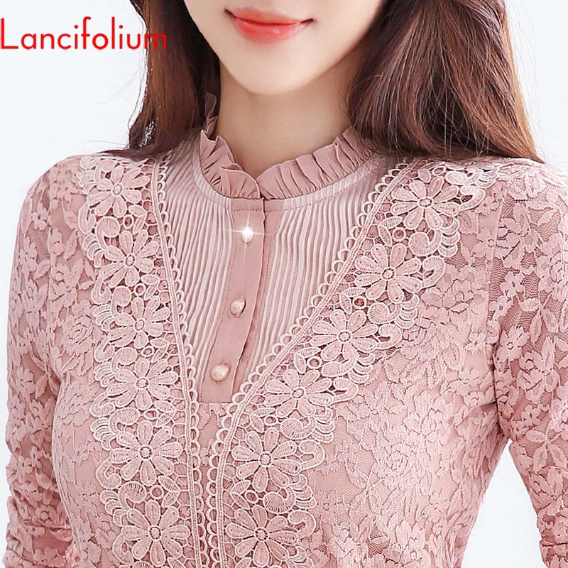 Korean Fashion Lace Elegant Blouse Women Autumn Fall Winter Long Sleeve Shirt Ruflle Neck Button Up Plus Size Office Blouse 2020