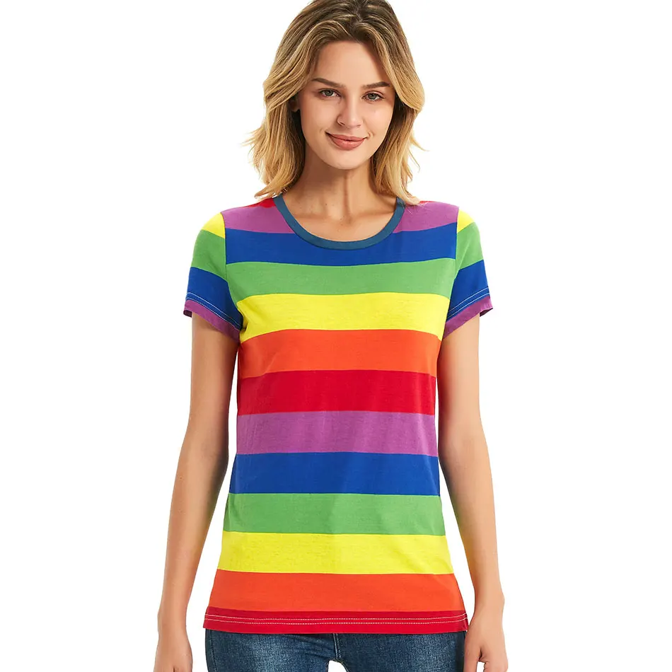 Rainbow T-Shirt Women Black and White Striped Shirt Red and White Stripes Tees Short Sleeve Casual Tops