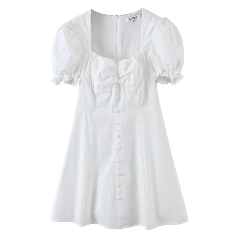 

Fashion Women Square Collar Puff Sleeve White Mini Dress 2022 Spring Female Clothes Casual Lady Slim Vestido D9193
