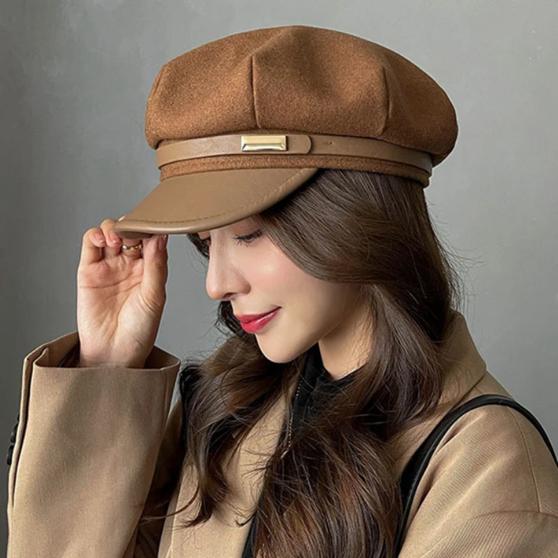 

HT3918 Berets New Elegant Women Cap Hat Fashion Leather Brim Captain Sailor Wool Hat Vintage Octagonal Newsboy Cap Beret Hat