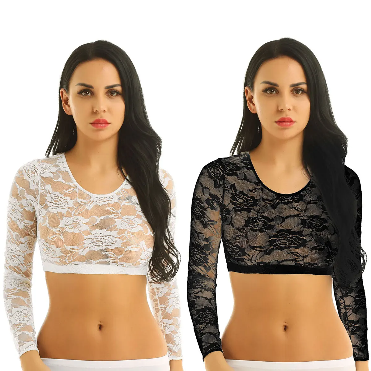 

Women 4XL Plus size Solid Soft Lace Rose Printed Mesh T-shirt See-through Sheer Scoop Neck Long Sleeves Crop Tops Short Blouse
