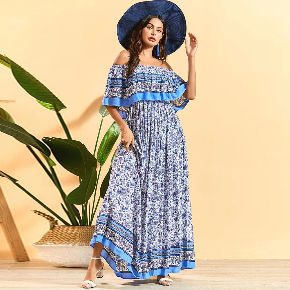 Женское платье макси с открытыми плечами длинное летнее в стиле бохо женская