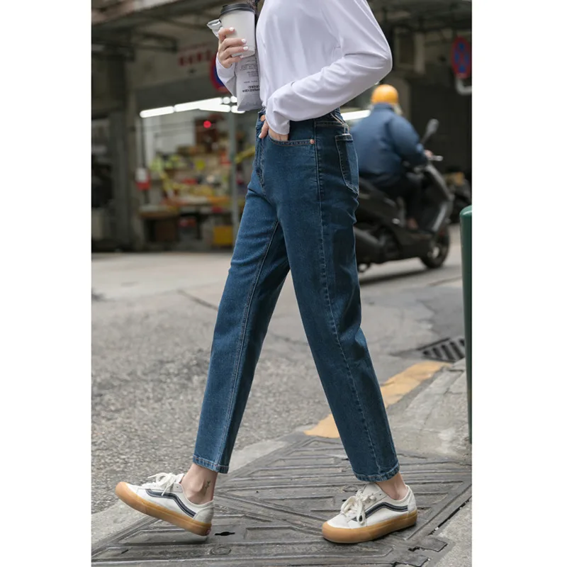 Брюки женские с завышенной талией тонкие повседневные джинсы синие прямые