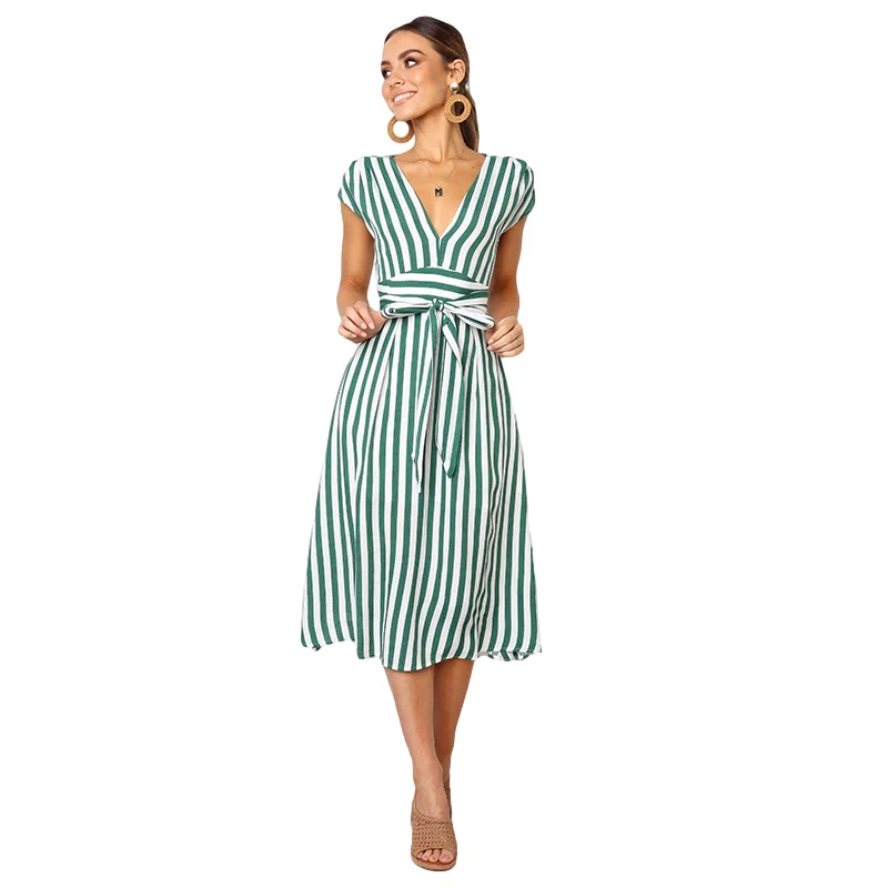 Женское платье-рубашка в полоску с поясом и V-образным вырезом | Женская одежда