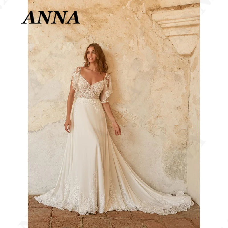 

Anna Beauty Wedding Dress 2021 Simple V-Neck A-Line Beach Party Gown Elegant Backless Boho Vestido De Noiva Civil Women Skirt