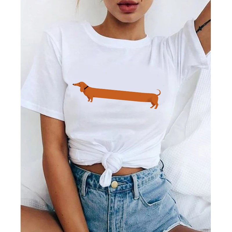 

Korean Fashion T-Shirt Women Cute Dog Graphic Print 2021 Summer Outdoor Short Sleeve Tops Streetwear Casual Lady T-Shirt White