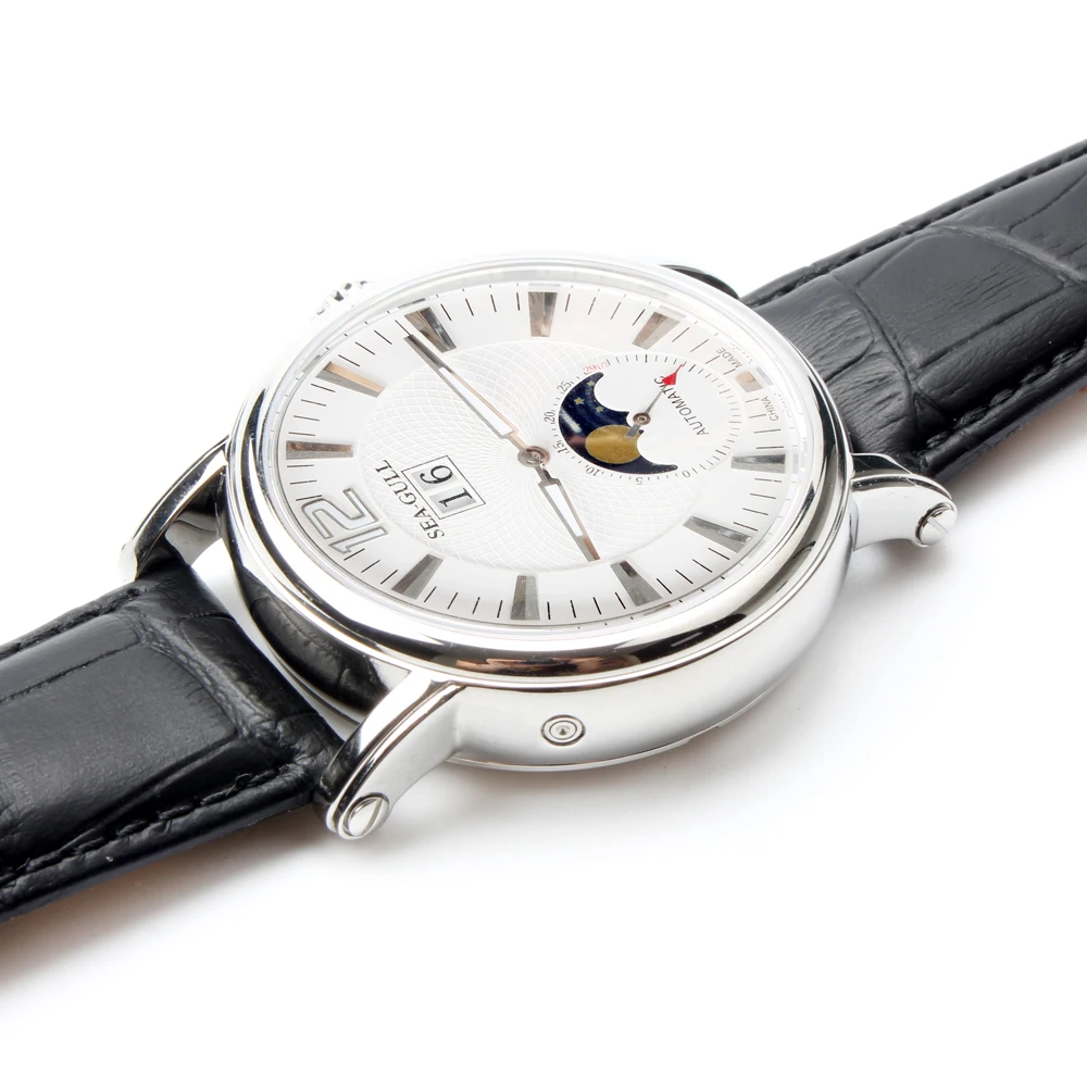 Seagull Moon Phase Авто Дата часы из натуральной кожи выставка обратно выгравированы само ветер автоматические механические мужские часы M308s