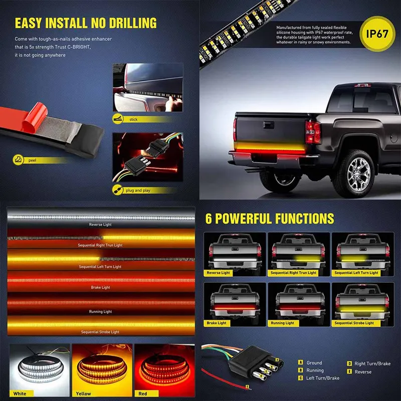 

1PCS/set 48" 60" LED Truck Strip 3Row Tailgate Light Bar Reverse Brake Tail Signal 12V High Quality SMD 432 LEDs 372 LEDS Light
