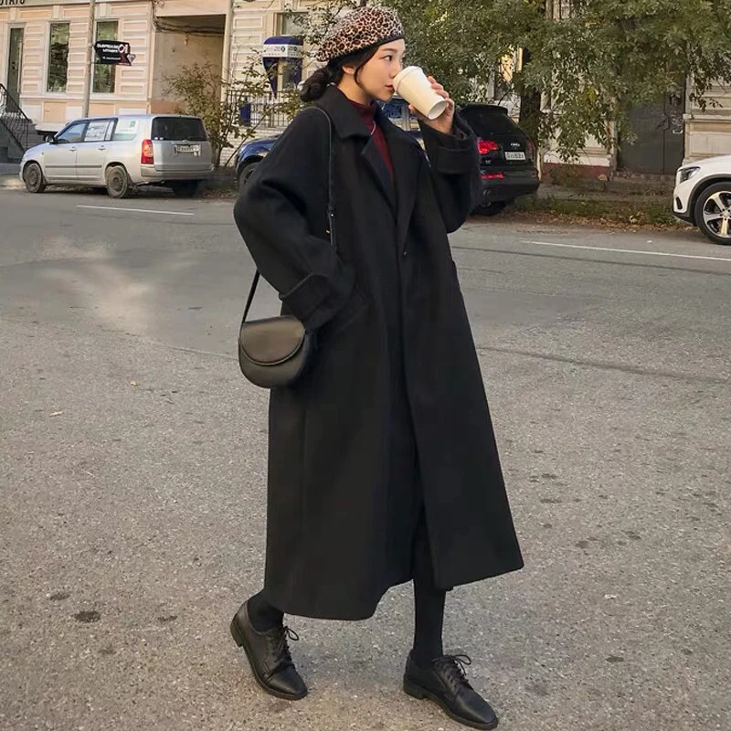 

Черное утолщенное шерстяное пальто для женщин 2020 осень зима корейское свободное однобортное однотонное женское длинное пальто Casaco Feminino