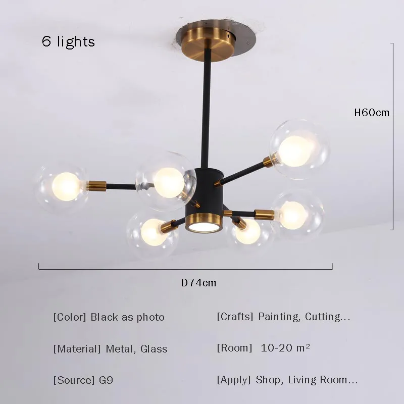 6 lights D74 H65cm Lustre Led стеклянная дизайнерская лампа черная люстра, светильник современная гостиная спальня кухонный Декор Домашнее освещение Утюг G9 - Цвет абажура: 6 lights D74 H65cm