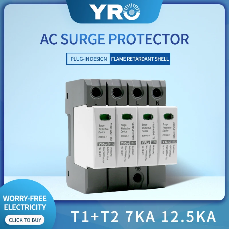 

AC SPD 4P 20-40KA 420V Iimp:7/12.5KA House Lightning Surge Protector Protective Low-voltage Arrester Device OEM Factory YRSP-A12