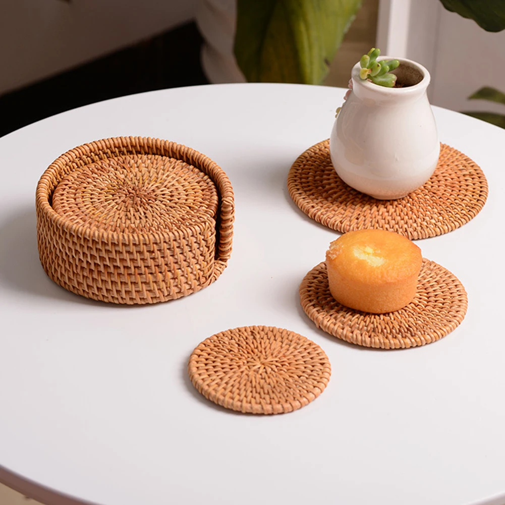 

6Pcs Rattan Coaster & Holder Handmade Teacup Coasters Round Natural Coaster Set Bowl Mats Padding Dish Mat Insulation Pad 8/10cm
