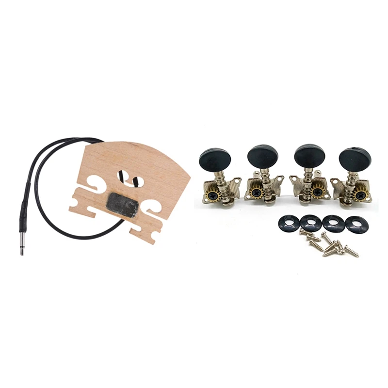 

1 Pcs Violin Bridge With Internally Mounted Piezo Pickup & 1 Set Metal Opened Ukulele Uke Tuning Pegs Tuners Round Cap