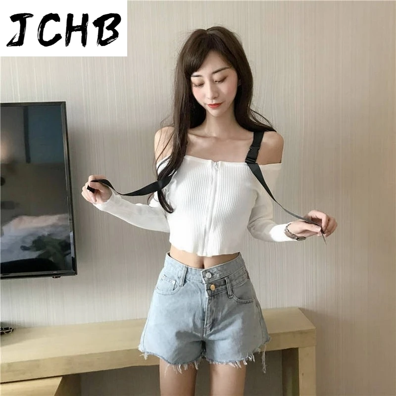 

2021 Off-the-shoulder Neckline t Shirt Solid Navel Women Tshirt Patchwork Tops T-shirt New Autumn Preppy Oversized Top Tees