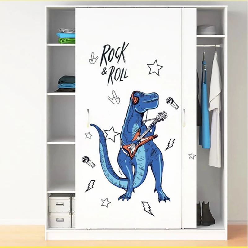Rock Roll Dinosaur Wall stickers For Kids Room Cartoon Animals Home Decor Art Viny PVC Wallpaper Creative Door Refrigerator Deco |