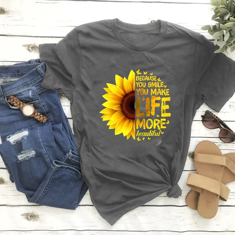 

Sunflower Print Graphic Tees T-Shirt Women Aesthetic Short Sleeve PLUS SIZE Woman Tshirts Summer Tops Women 2021